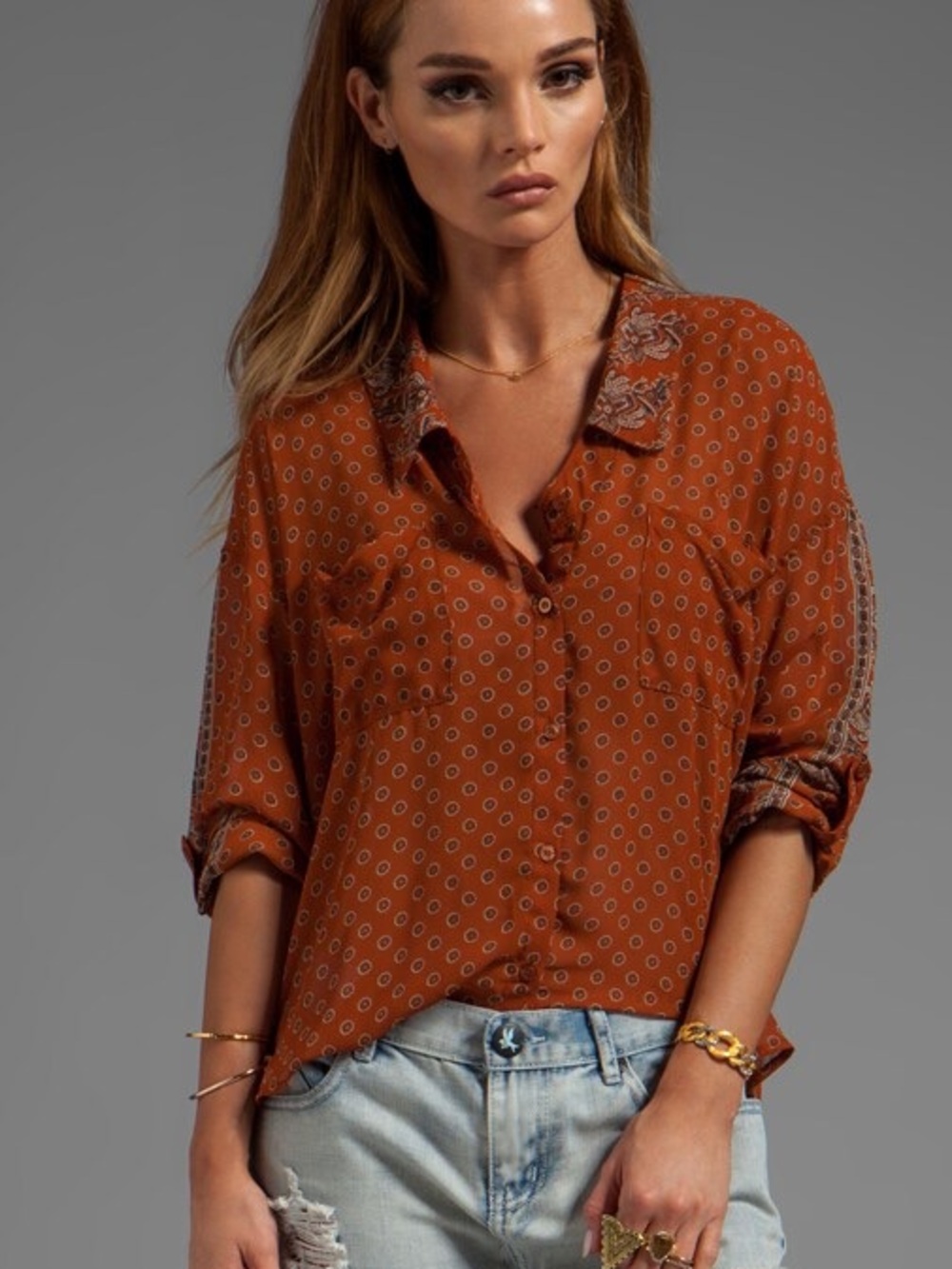 Free People Rust Orange Button-Down Shirt